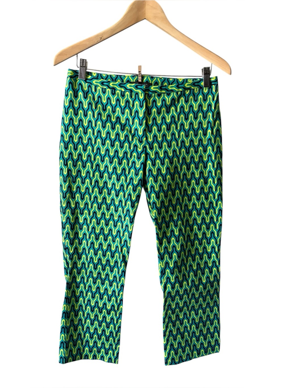 Elie Tahari Sydney Stretch Cropped Pants Geometric Print Teal Green Size 4
